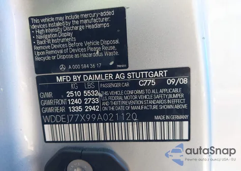 2009 Mercedes-Benz Cl 63 Amg z USA, uszkodzony, nr VIN WDDEJ77X99A021120